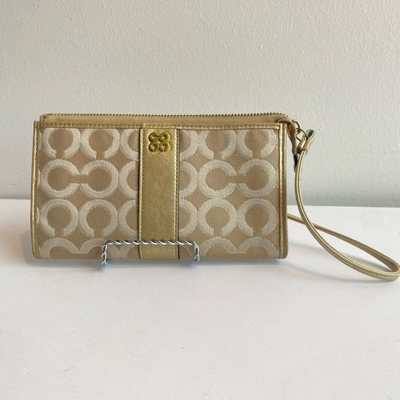 Coach Op Zippy Clutch Wristlet Wallet Khaki Beige Gold - Picture 1 of 12
